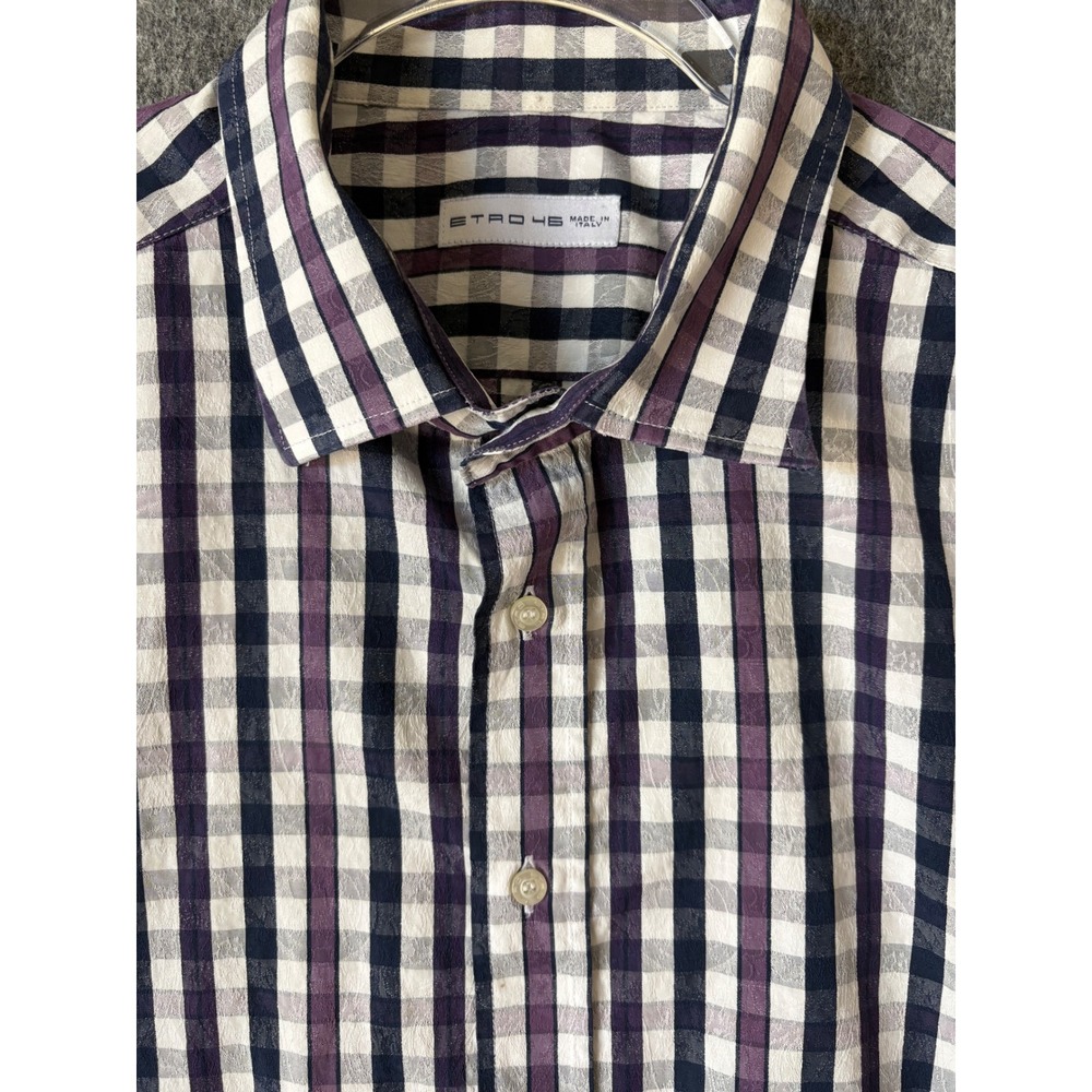 Etro Milano Mens Purple Navy Check Paisley Jacquard Button Down Shirt Sz 46 XXL